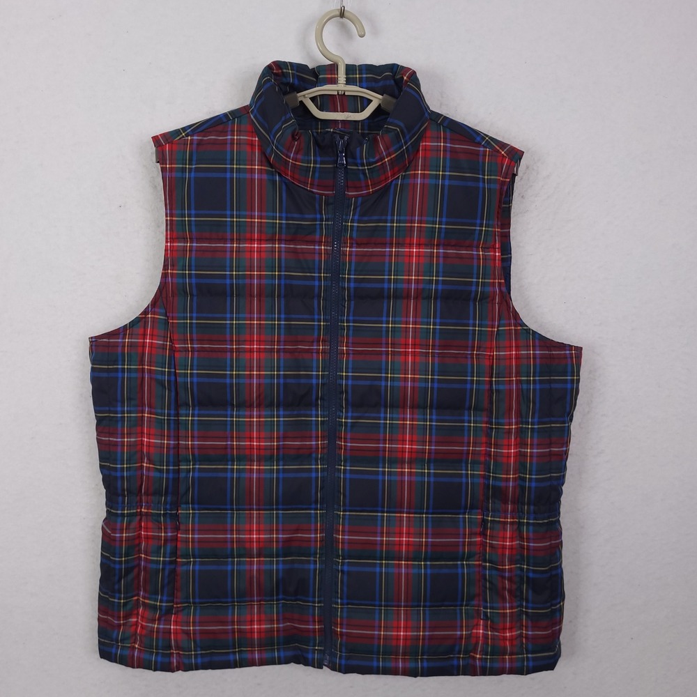 Talbots Puffer Vest Womens XL Blue Red Plaid Down Filled Quilted Full Zip Tartan